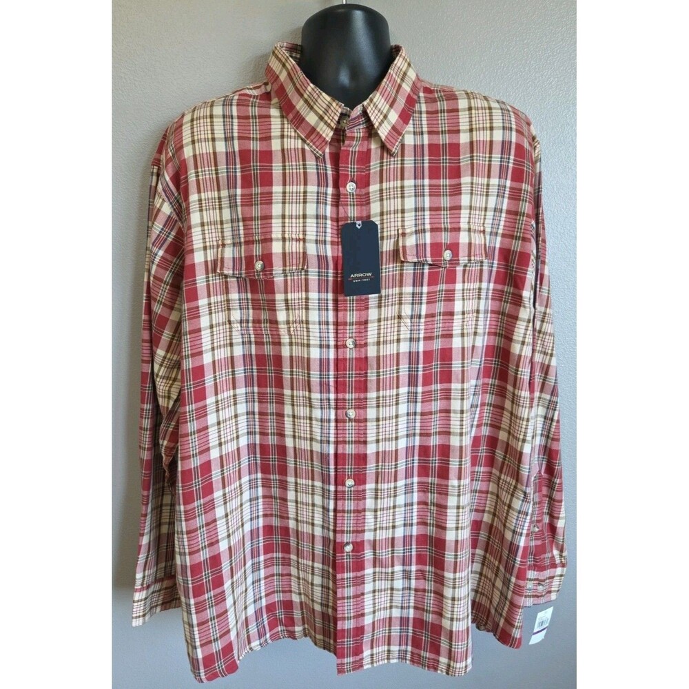 NWT Arrow Mens 2XL Weathered Twill Button Up Shirt Brick Red Plaid XXL New